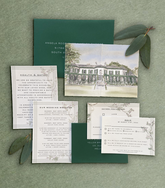 A wedding invitation suite featuring a gatefold invitation with a watercolour illustration of Ashley Park House, and details card with watercolour detailing paired with a forest green envelope, by Hannah Blake Art
