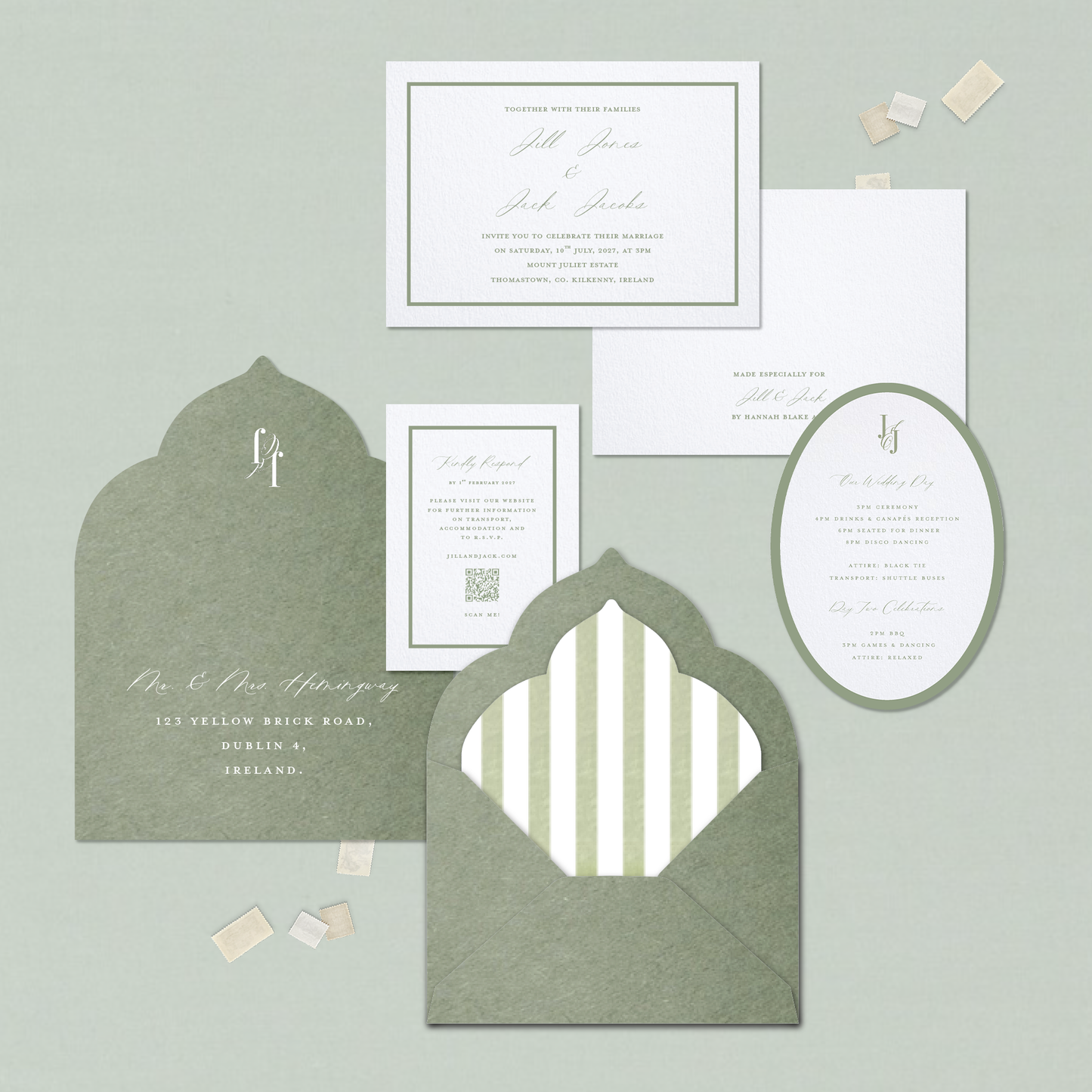 Eucalyptus Green Striped Invitation Suite