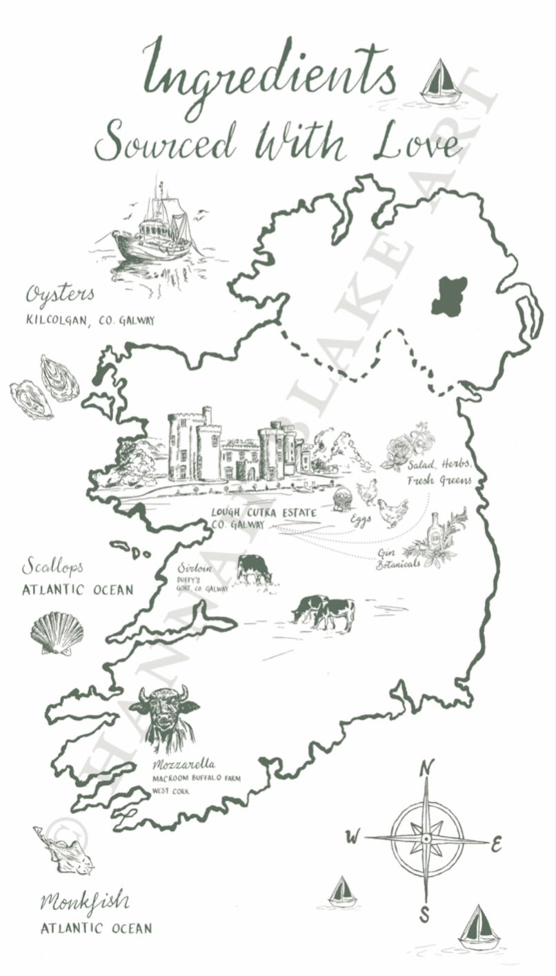 Bespoke Illustrated Wedding Menu Ingredients Map for Lough Cutra Castle in Co. Galway - Illustrating where each ingredient was sourced.