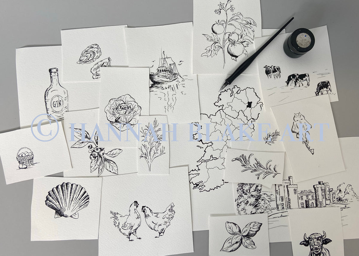 Bespoke Illustrated Wedding Menu Ingredients Map for Lough Cutra Castle in Co. Galway - behind the scenes ink line drawings for the map.