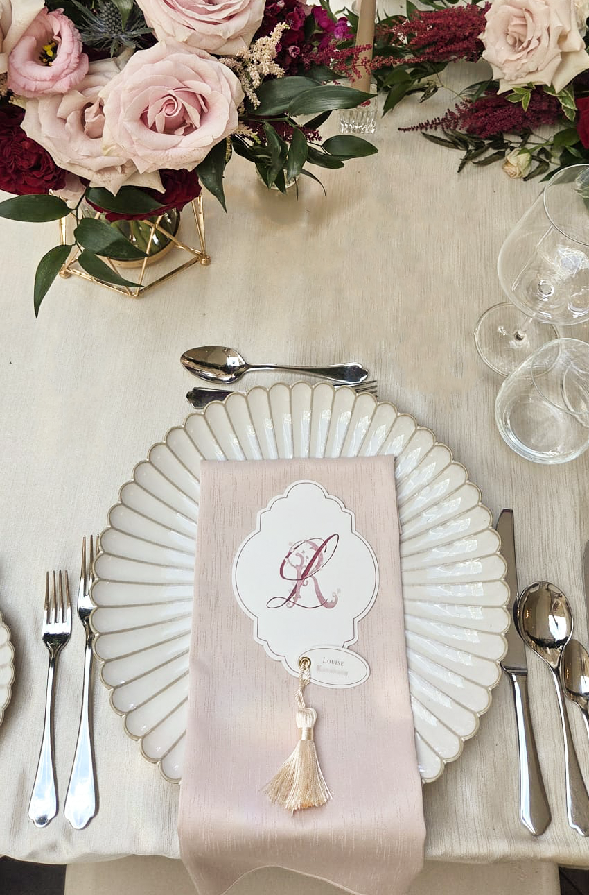 Louise & Rory's Scalloped Edge Menus & Place Names with a Silk Ivory Tassel for their Summer Wedding in Cashel Palace Hotel