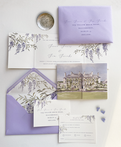 A wedding invitation suite featuring a gatefold invitation with a watercolour illustration of Mount Juliet Estate paired with a lavender envelope, by Hannah Blake Art