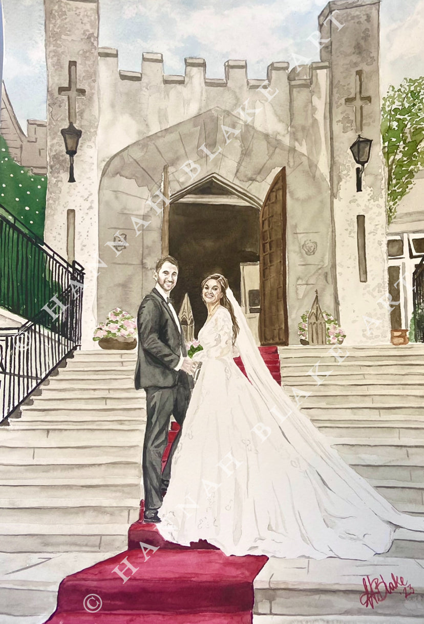 Watercolour Portrait of Natalie & Aidan on their Wedding Day at Cabra Castle