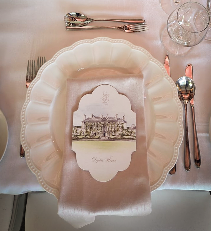 Sophie & Douglas' Watercolour Mount Juliet Wedding Menus with a bespoke scalloped edge.