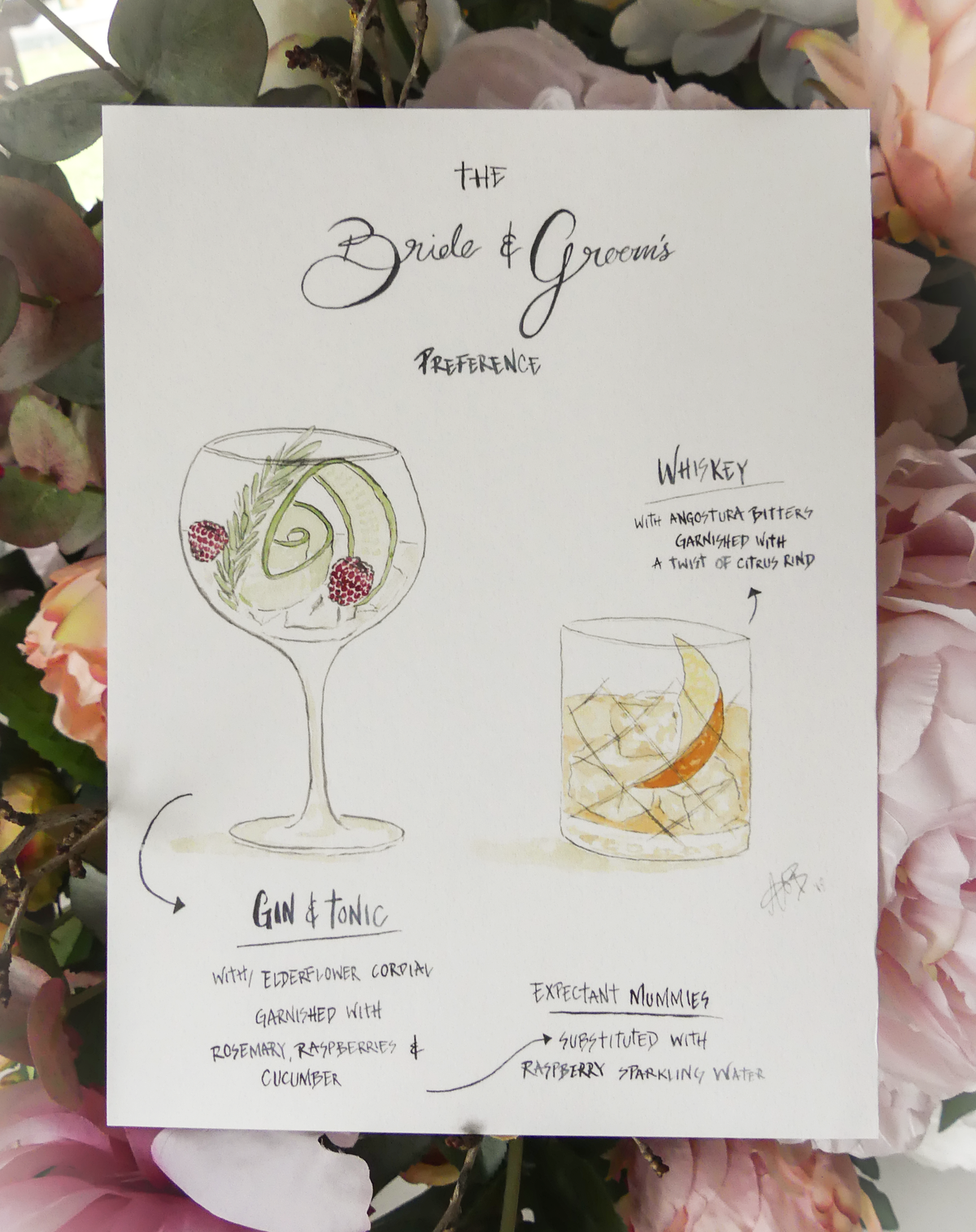 Sophie & Nick's Bespoke Watercolour Cocktail Menu