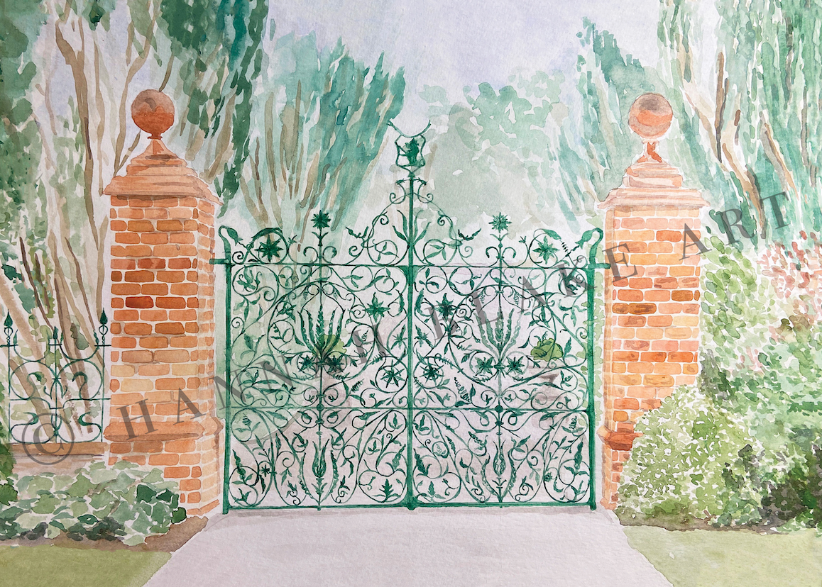 Tankardstown House Walled Garden Gates Wedding Venue Watercolour Painting by Hannah Blake Art