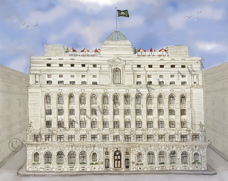 A watercolour painting of The Ned, London, UK. Soho House
by Hannah Blake Art