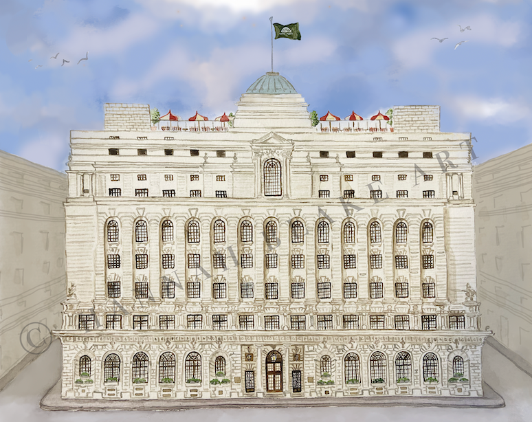 A watercolour painting of The Ned, London, UK. Soho House
by Hannah Blake Art