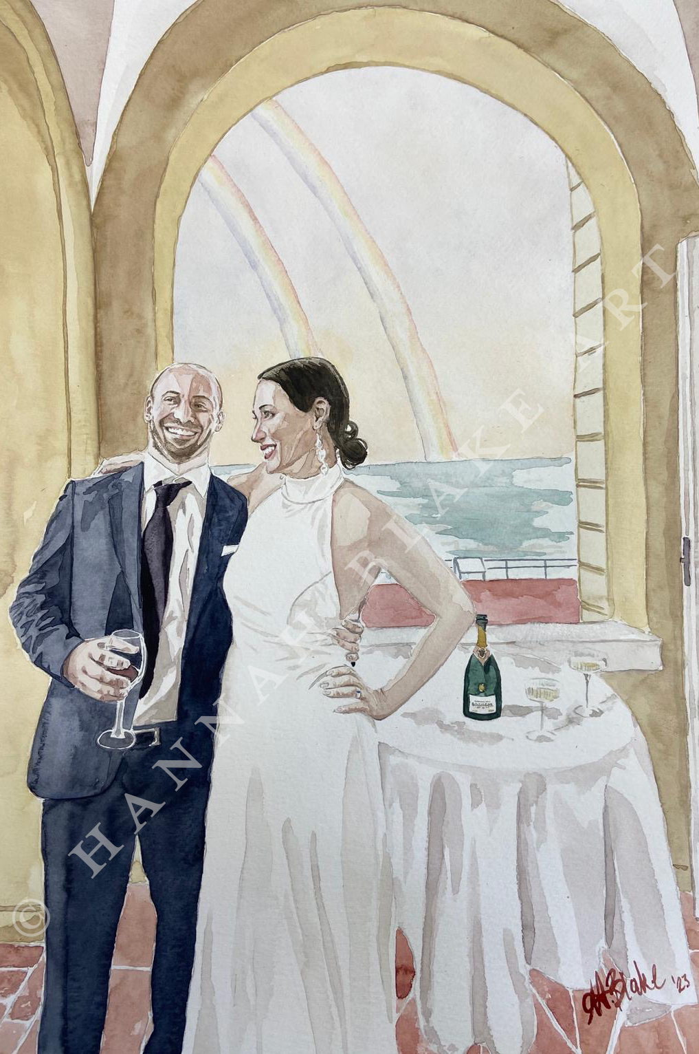 Watercolour Portrait of Andrew & Frith on their Wedding Day in South Africa