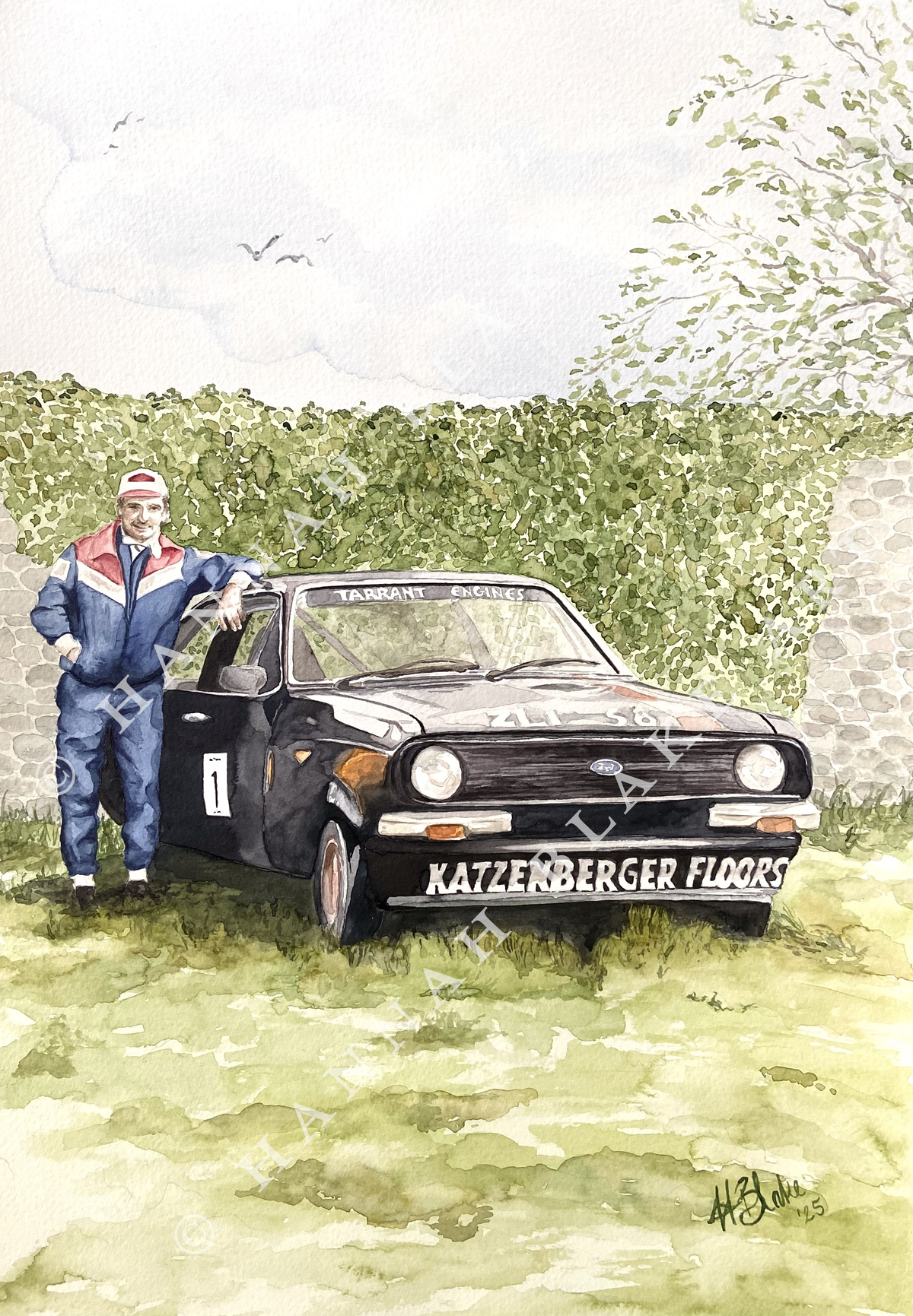 Watercolour Portrait of John with his first rally car. Commissioned by his children as a 70th birthday gift.
