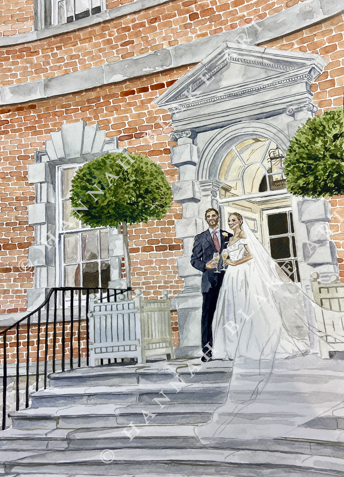 Watercolour Portrait of Maria & Alex on their Wedding Day in Cashel Palace Hotel