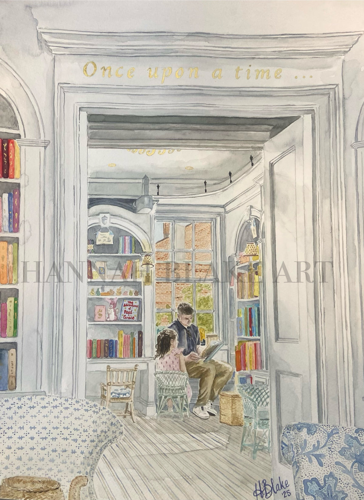 A watercolor painting of a cozy library or bookroom scene, viewed through an open doorway with the text 'Once upon a time.